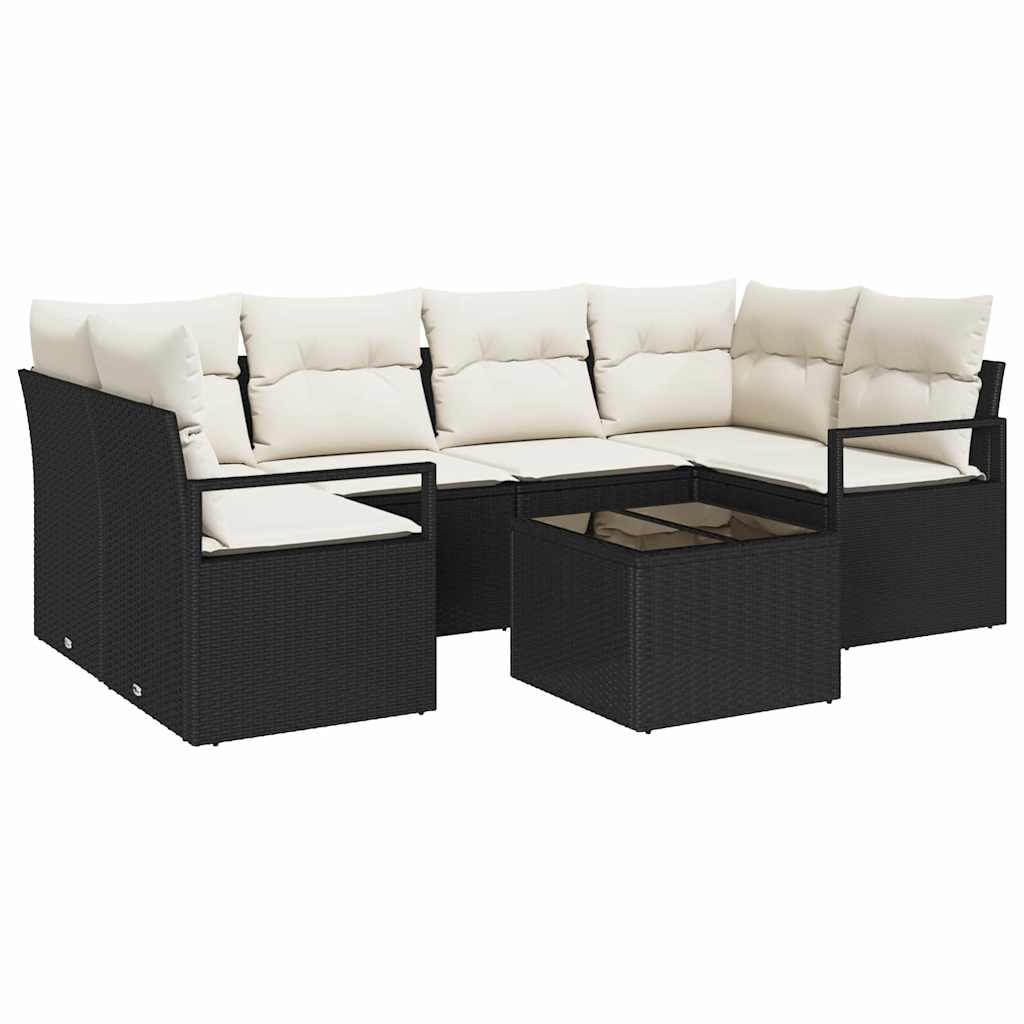Sofa Set mit Kissen 7 pcs Schwarz und Creme Poly Rattan