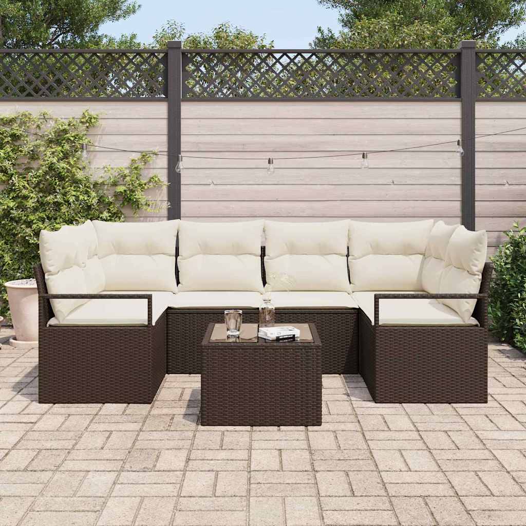 Sofa Set mit Kissen 7 pcs Braun und Creme Poly Rattan
