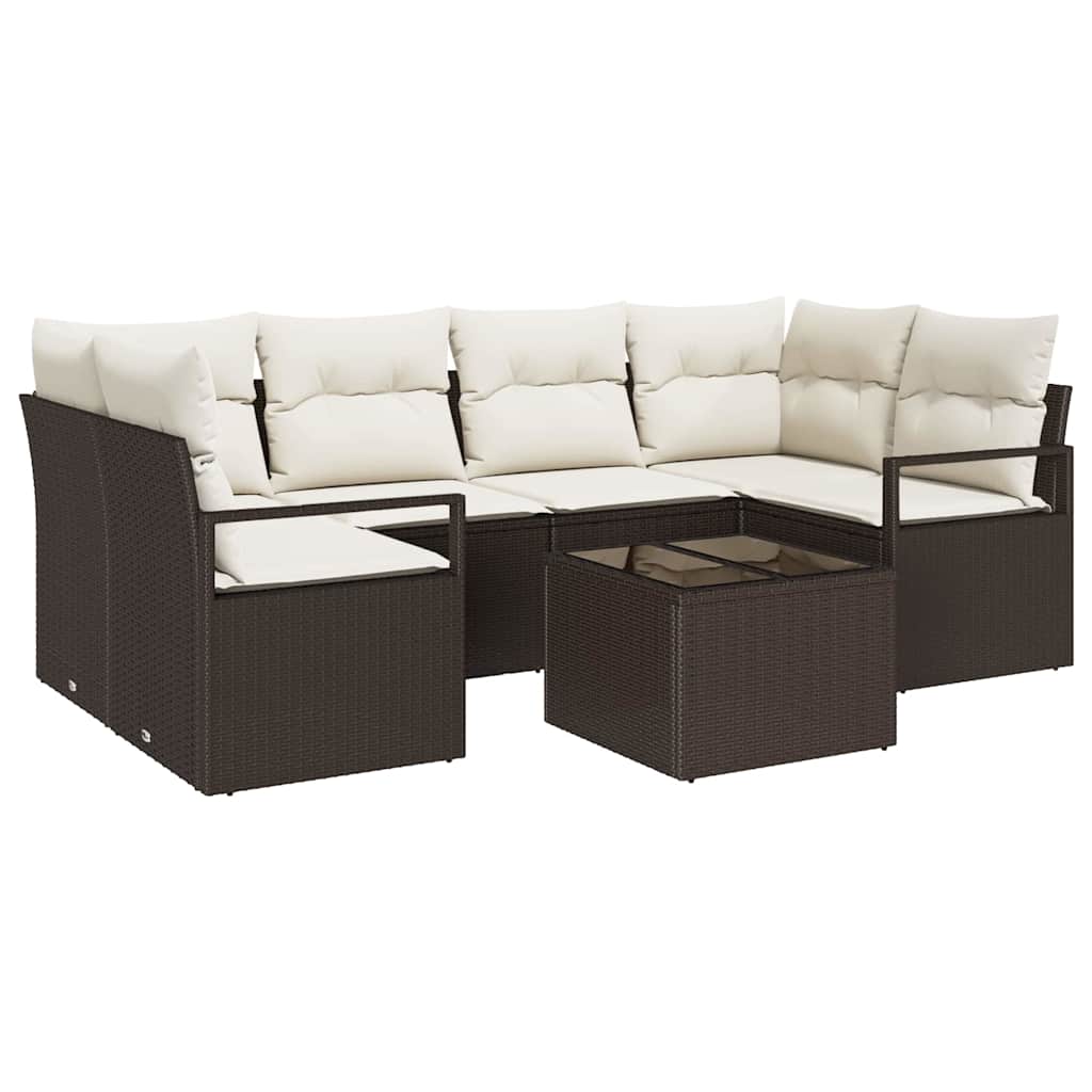 Sofa Set mit Kissen 7 pcs Braun und Creme Poly Rattan