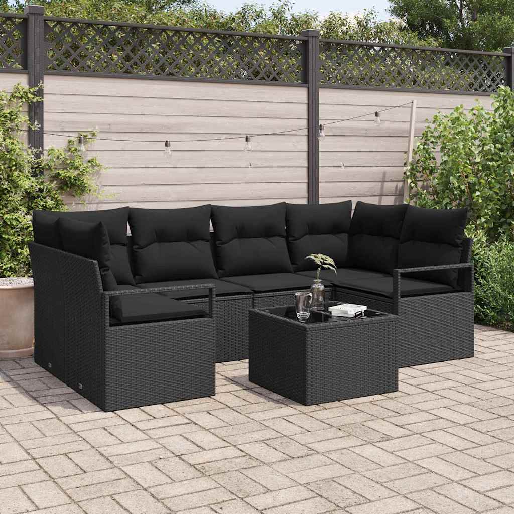 Sofa Set mit Kissen 7 pcs Schwarz Poly Rattan