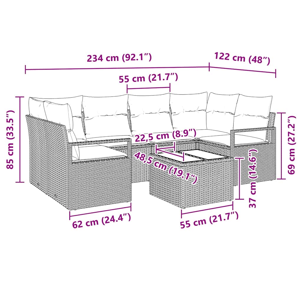 Sofa Set mit Kissen 7 pcs Schwarz Poly Rattan