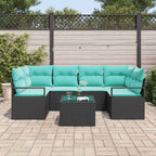 Sofa Set 7 pcs Schwarz und Blau Poly-Rattan