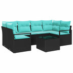Sofa Set 7 pcs Schwarz und Blau Poly-Rattan