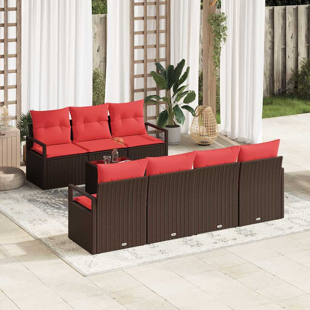 Sofa Set mit Kissen 8 pcs Braun und Rot Poly Rattan