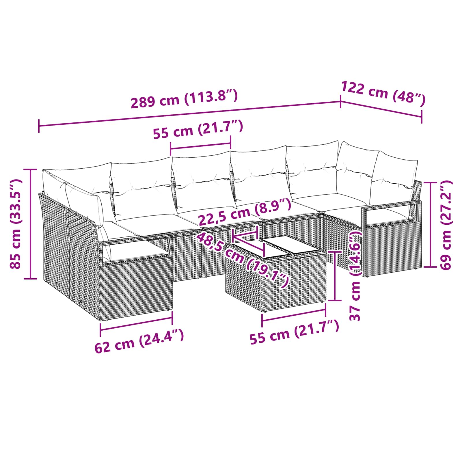 Sofa Set 8 pcs Grau Poly-Rattan