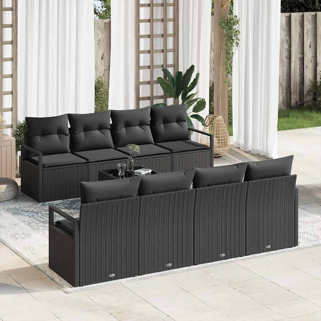 Sofa Set mit Kissen 7 pcs Schwarz Poly Rattan