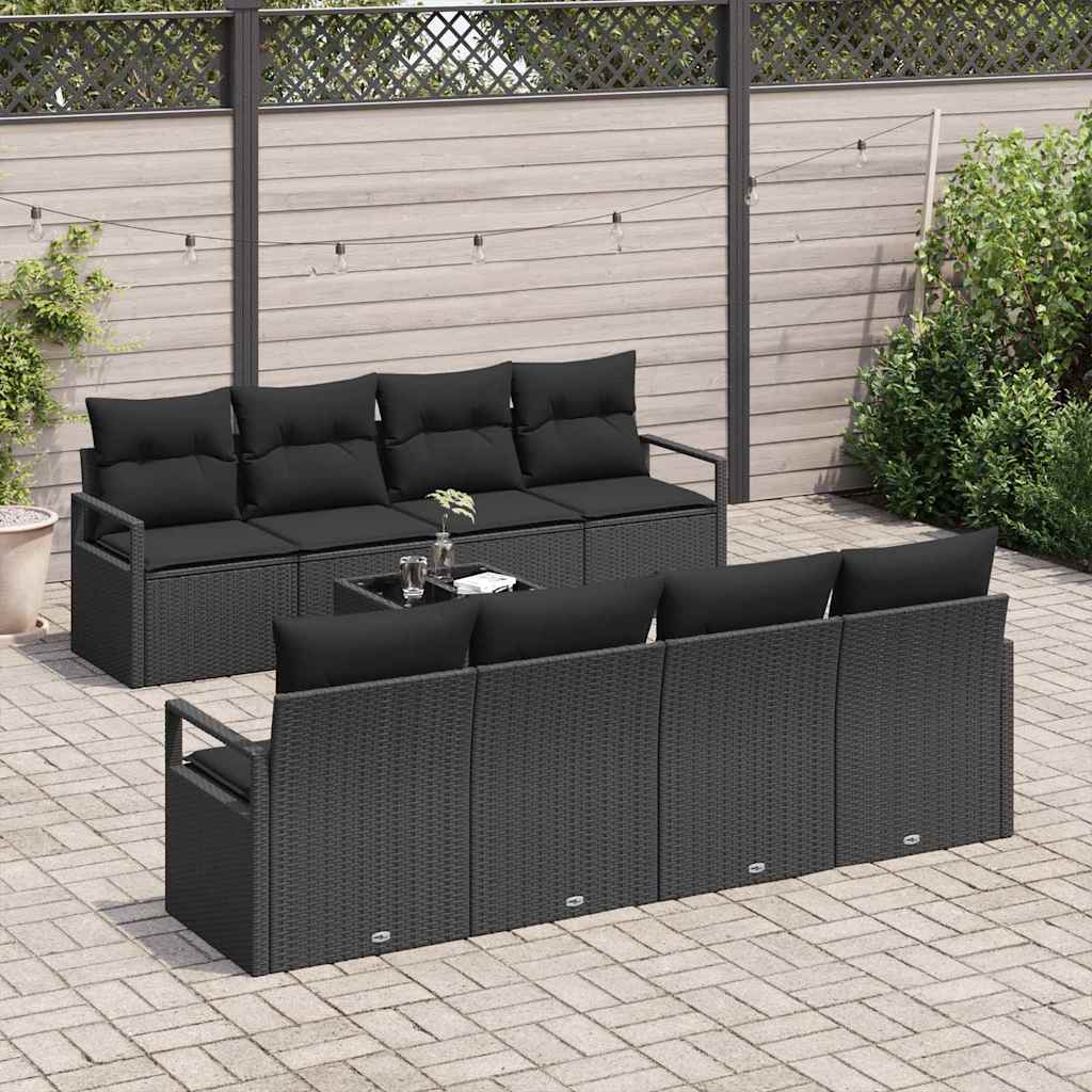 Sofa Set mit Kissen 7 pcs Schwarz Poly Rattan