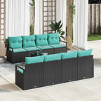 Sofa Set mit Kissen 7 pcs Schwarz und Hellblau Poly Rattan