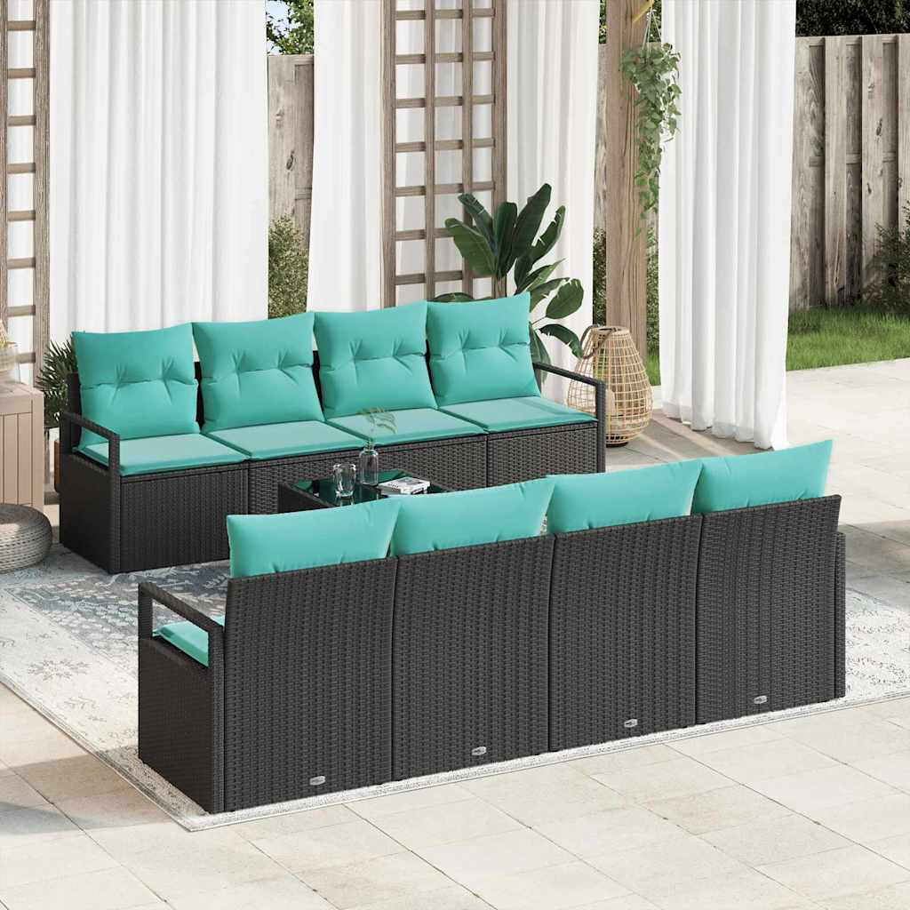 Sofa Set mit Kissen 7 pcs Schwarz und Hellblau Poly Rattan