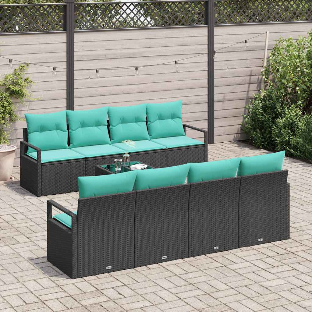 Sofa Set mit Kissen 7 pcs Schwarz und Hellblau Poly Rattan