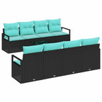 Sofa Set mit Kissen 7 pcs Schwarz und Hellblau Poly Rattan