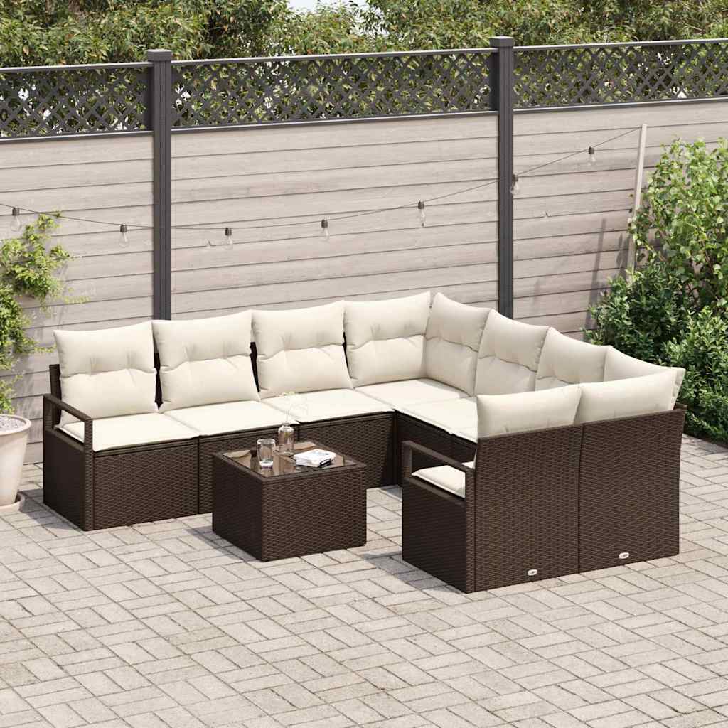 Sofa Set mit Kissen 9 pcs Braun und Creme Poly Rattan