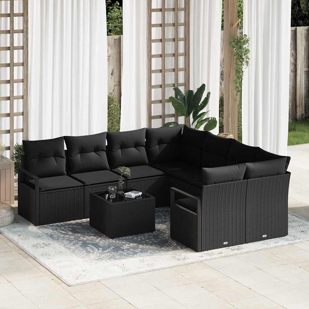 Sofa Set mit Kissen 9 pcs Schwarz Poly Rattan