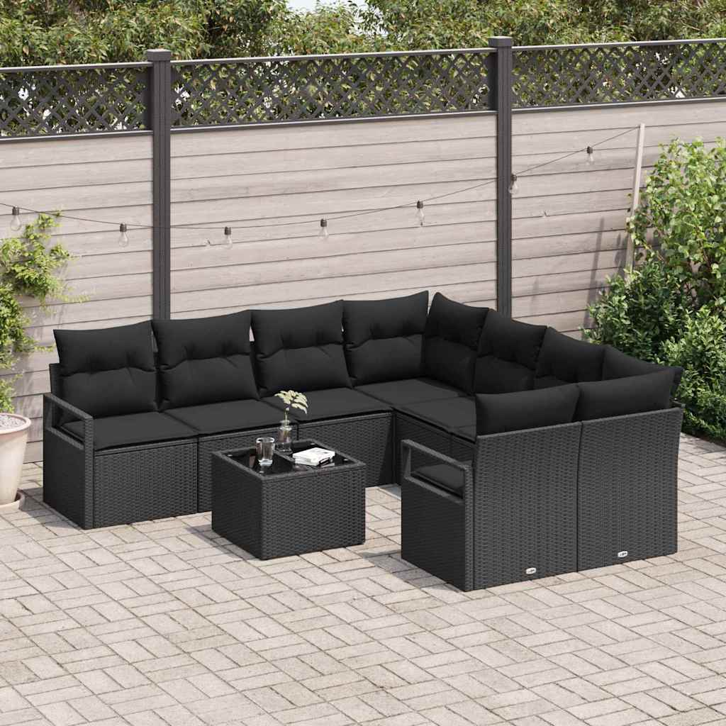 Sofa Set mit Kissen 9 pcs Schwarz Poly Rattan