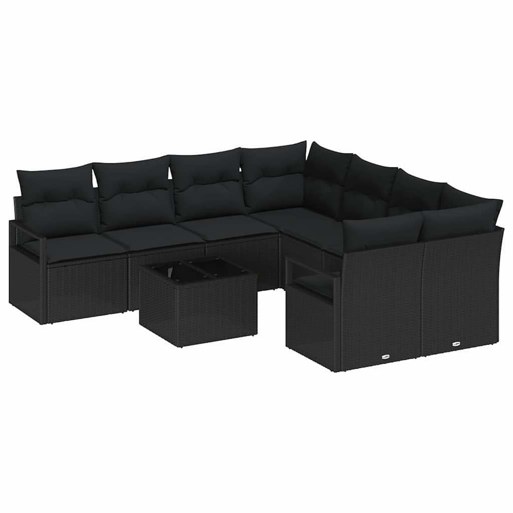 Sofa Set mit Kissen 9 pcs Schwarz Poly Rattan