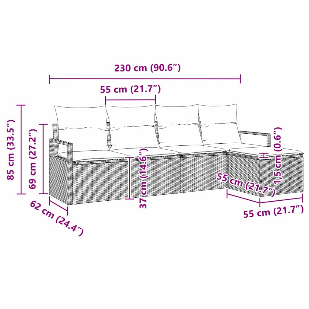 Sofa Set mit Kissen 5 pcs Hellgrau Poly Rattan