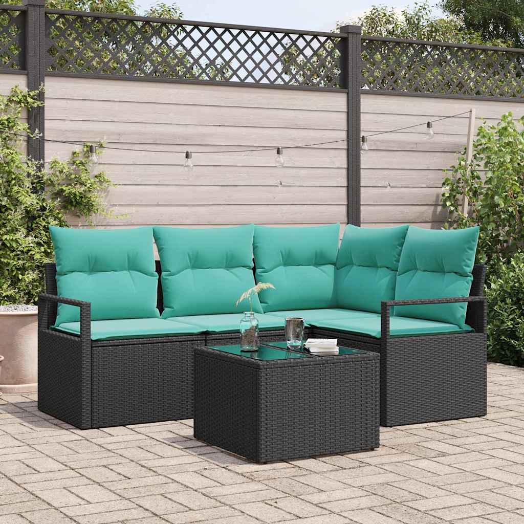 Sofa Set mit Kissen 5 pcs Schwarz Poly Rattan