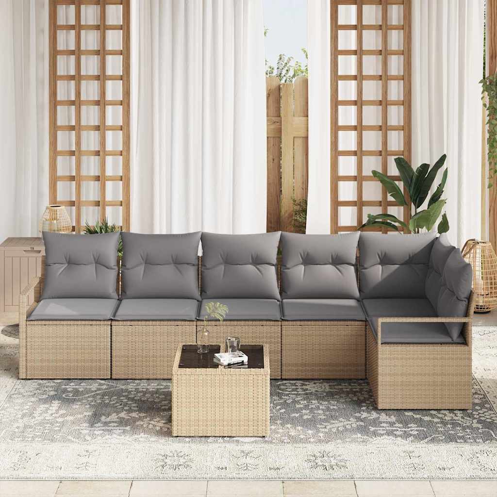 Sofa Set mit Kissen 7 pcs Beige Poly Rattan