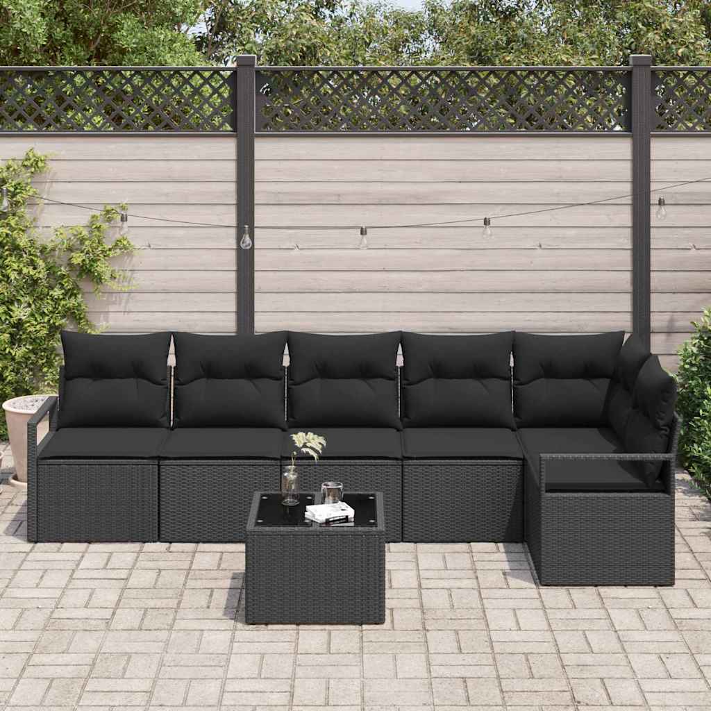 Sofa Set mit Kissen 7 pcs Schwarz Poly Rattan