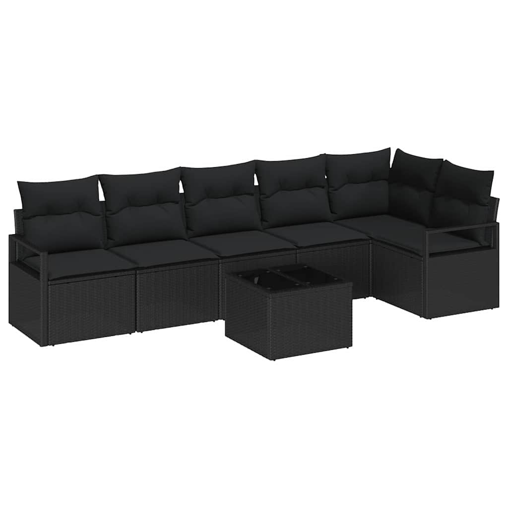 Sofa Set mit Kissen 7 pcs Schwarz Poly Rattan