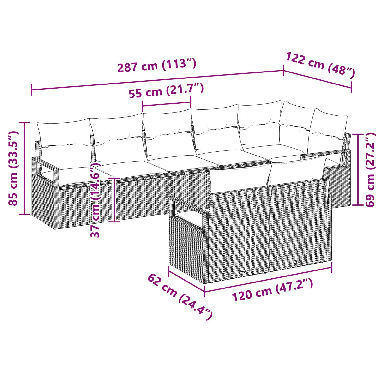 Sofa Set 8 pcs Grau Poly-Rattan