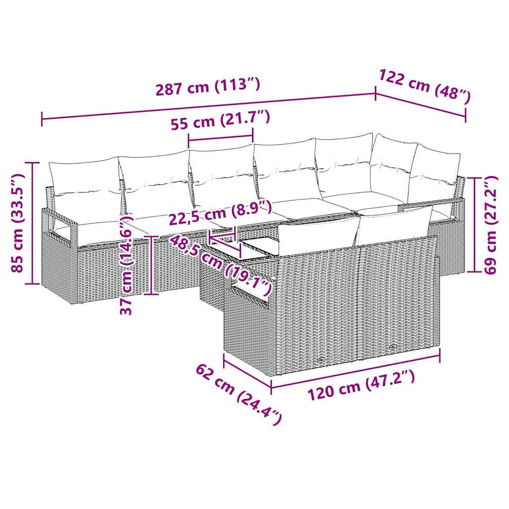 Sofa Set 9 pcs Grau Poly-Rattan