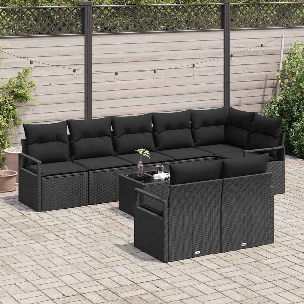 Sofa Set mit Kissen 9 pcs Schwarz Poly Rattan