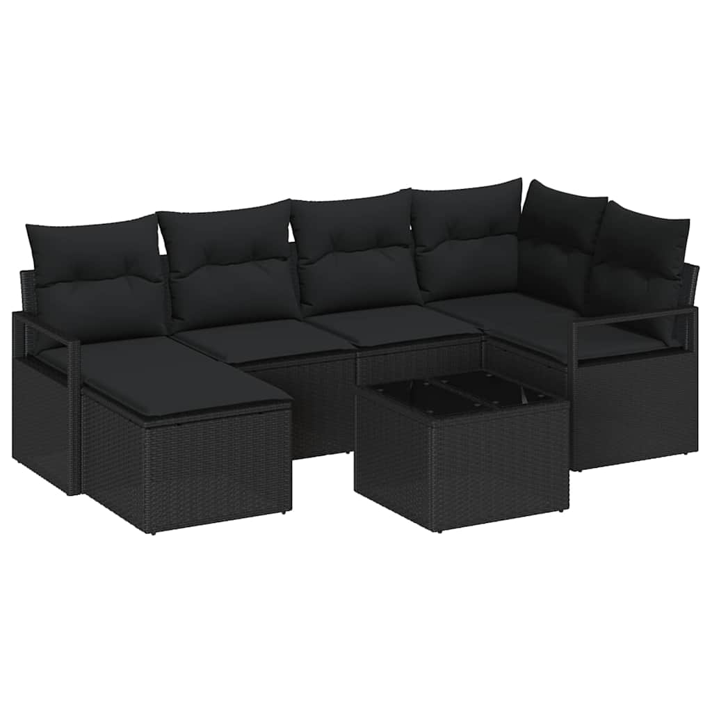 Sofa Set mit Kissen 7 pcs Schwarz Poly Rattan