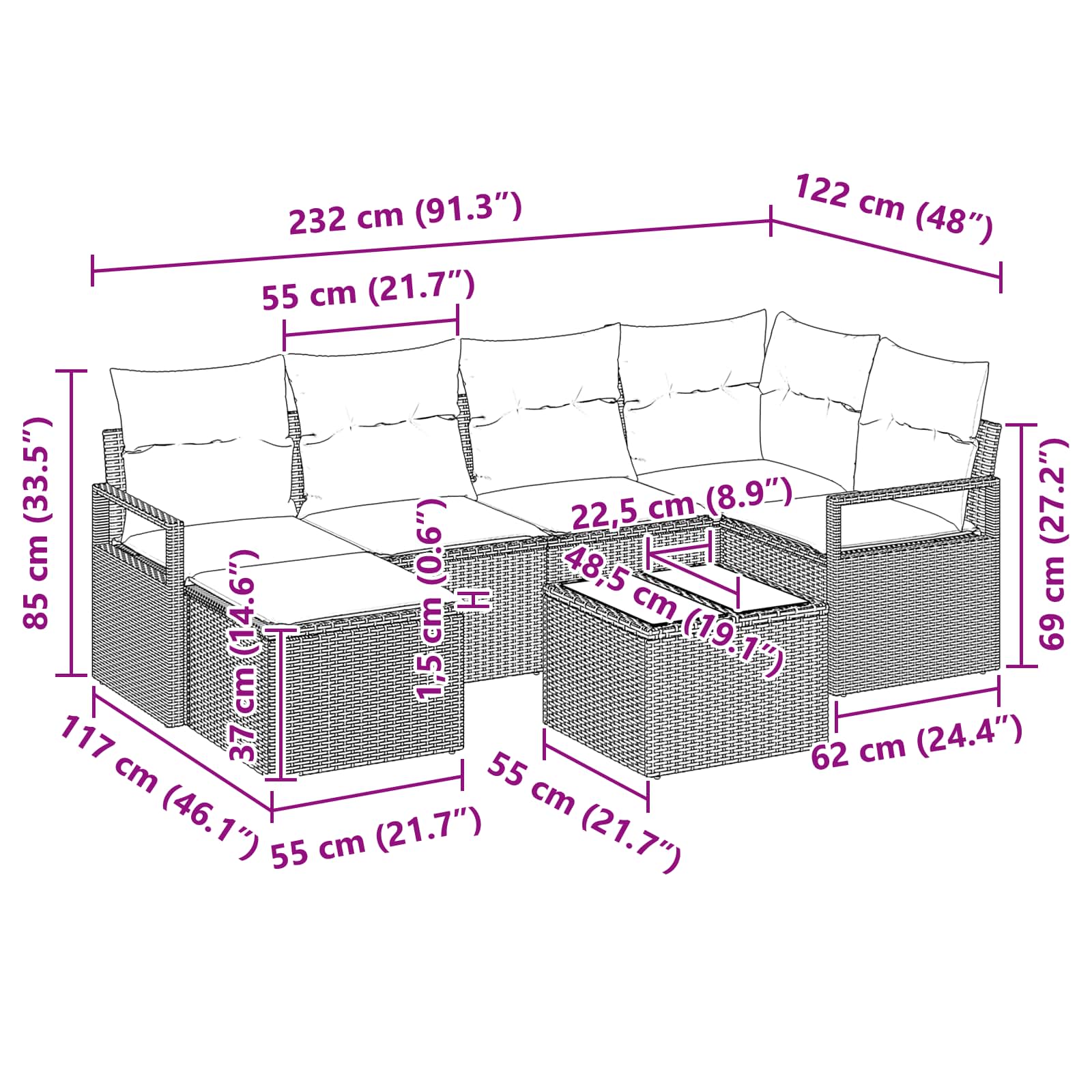 Sofa Set 7 pcs Braun Poly-Rattan