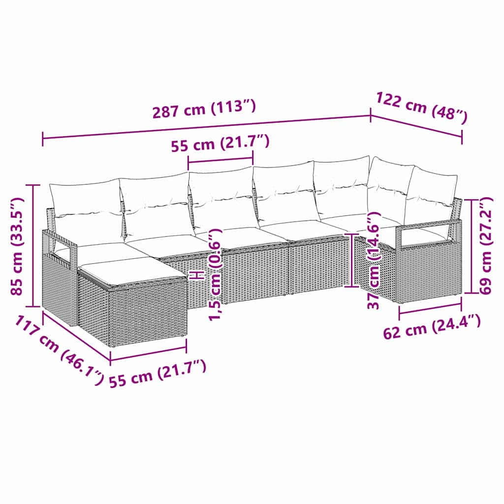 Sofa Set mit Kissen 7 pcs Hellgrau Poly Rattan