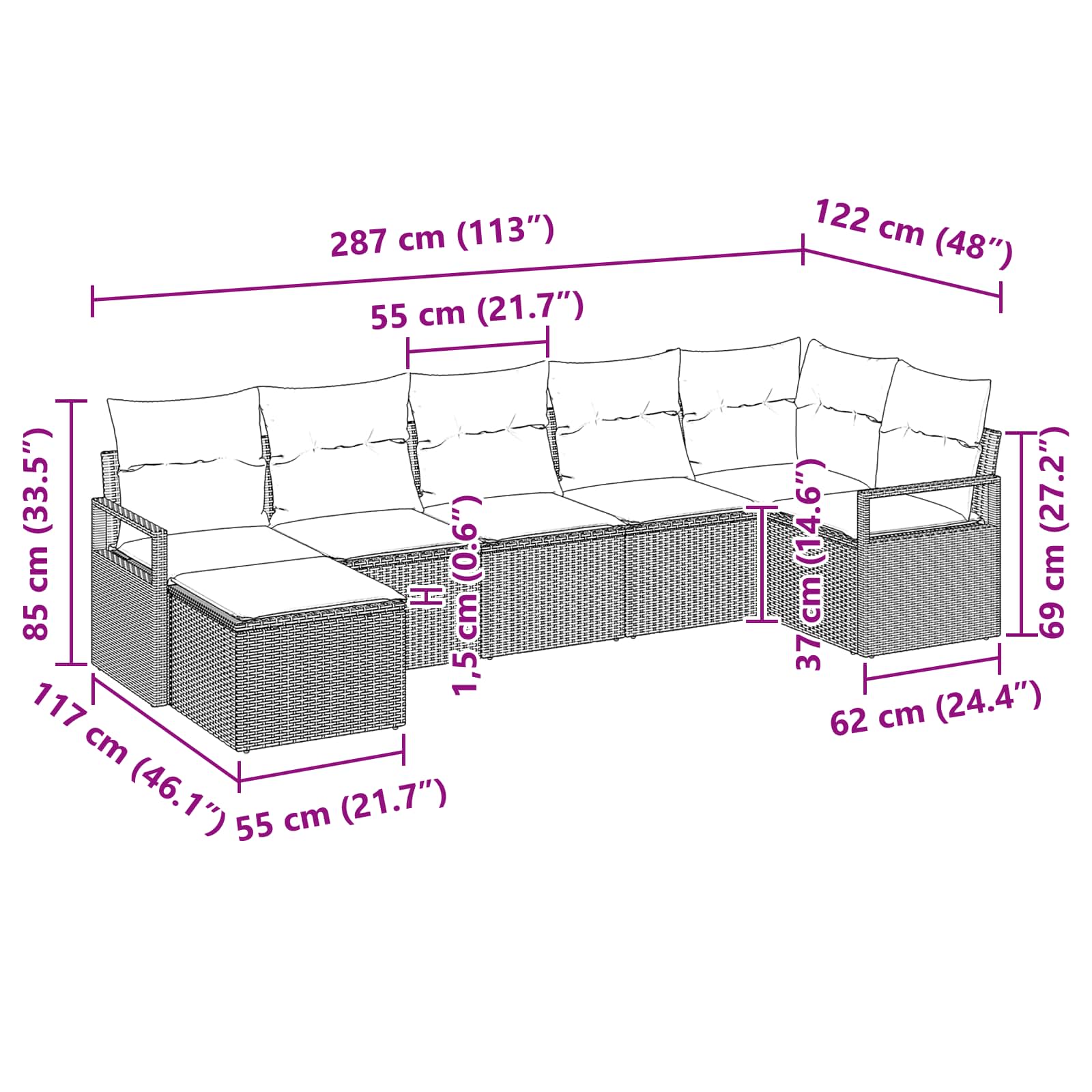Sofa Set mit Kissen 7 pcs Braun Poly Rattan