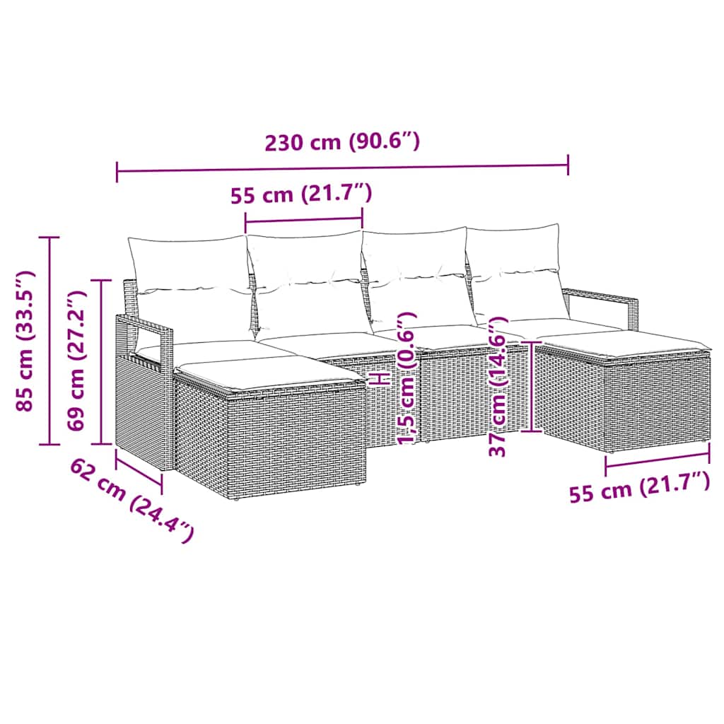 Sofa Set 6 pcs Grau Poly-Rattan