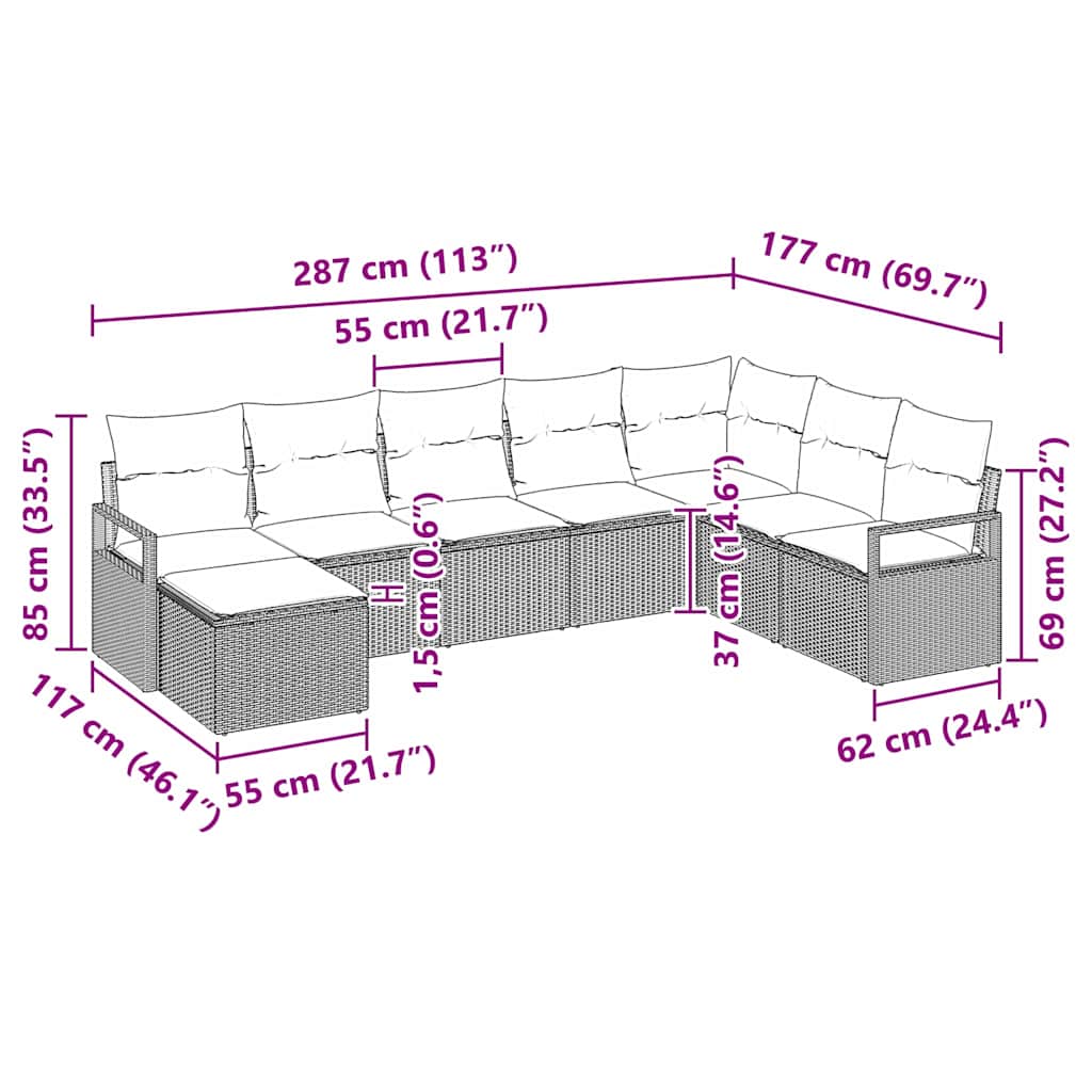 Sofa Set mit Kissen 8 pcs Hellgrau Poly Rattan
