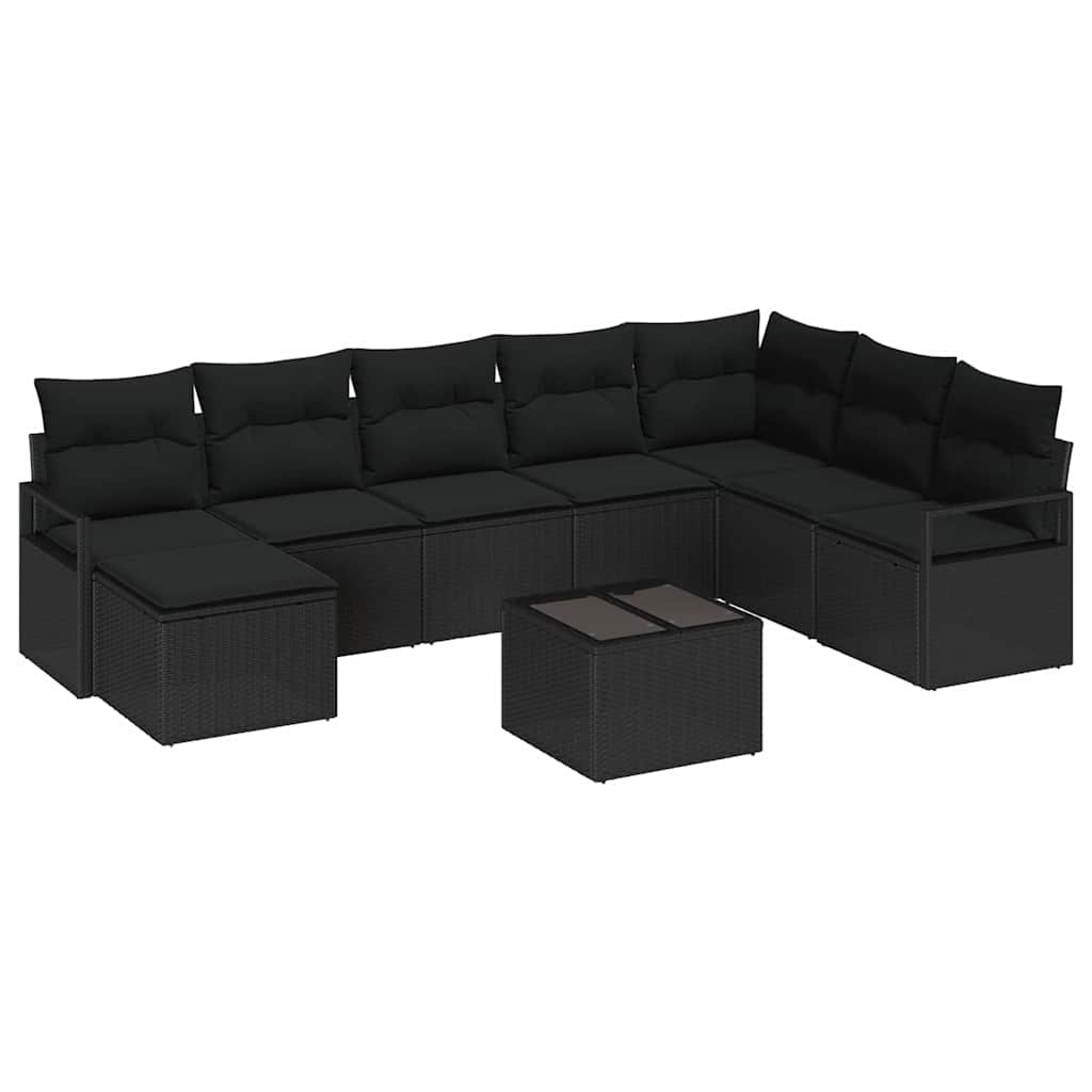 Sofa Set mit Kissen 9 pcs Schwarz Poly Rattan
