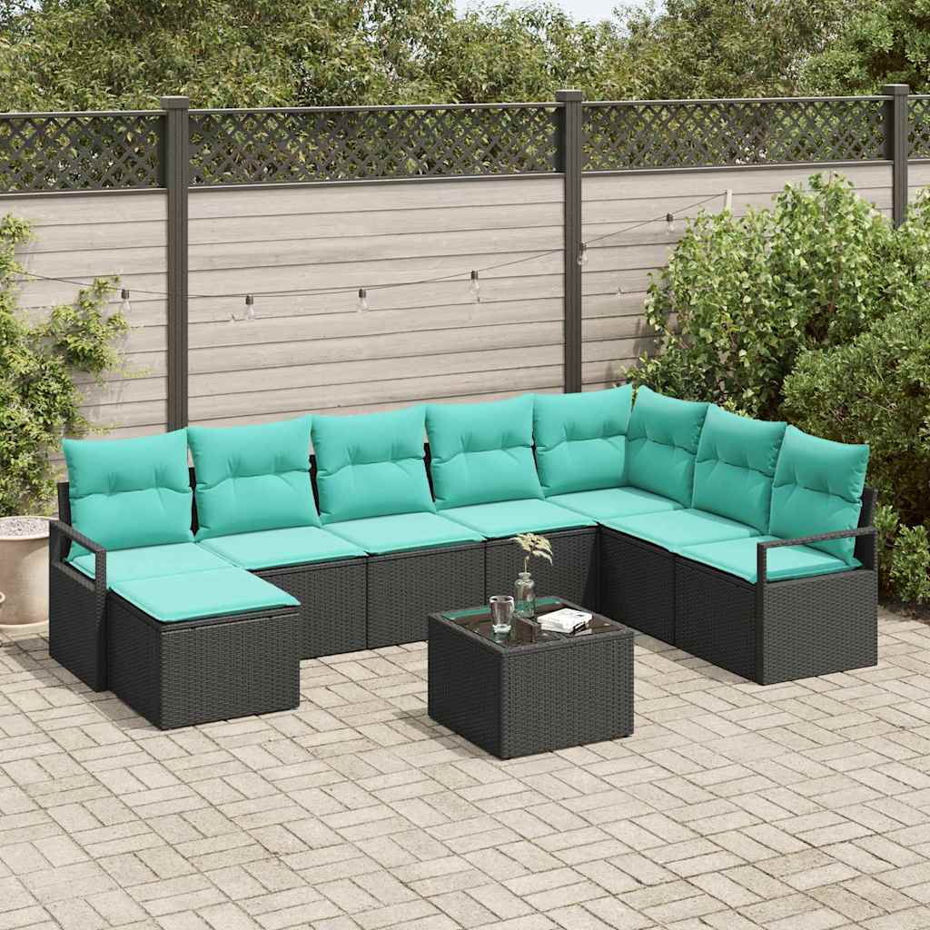 Sofa Set mit Kissen 9 pcs Schwarz Poly Rattan