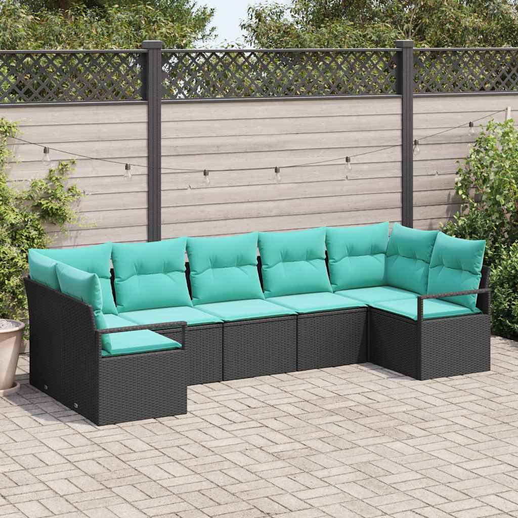 Sofa Set mit Kissen 7 pcs Schwarz Poly-Rattan