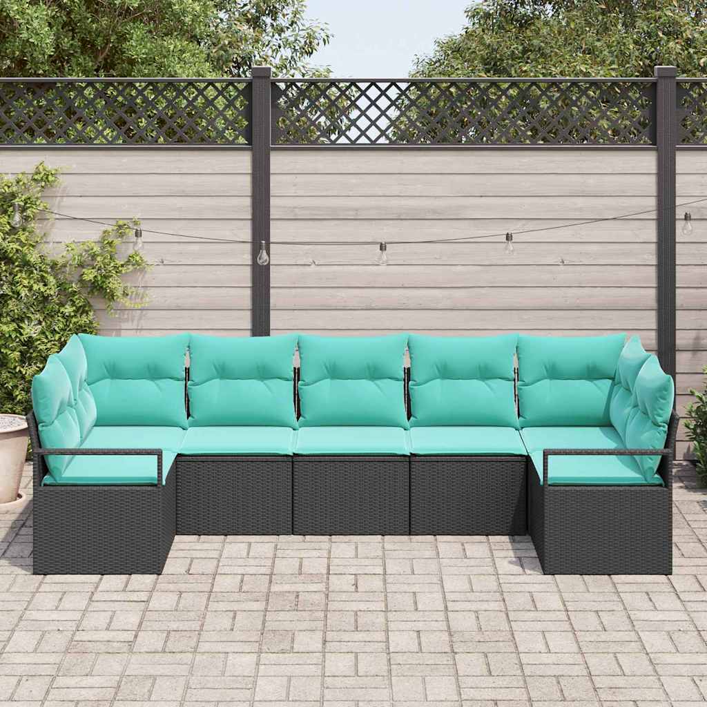 Sofa Set mit Kissen 7 pcs Schwarz Poly-Rattan