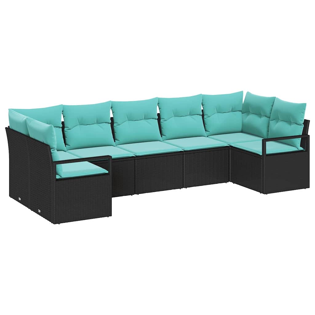 Sofa Set mit Kissen 7 pcs Schwarz Poly-Rattan