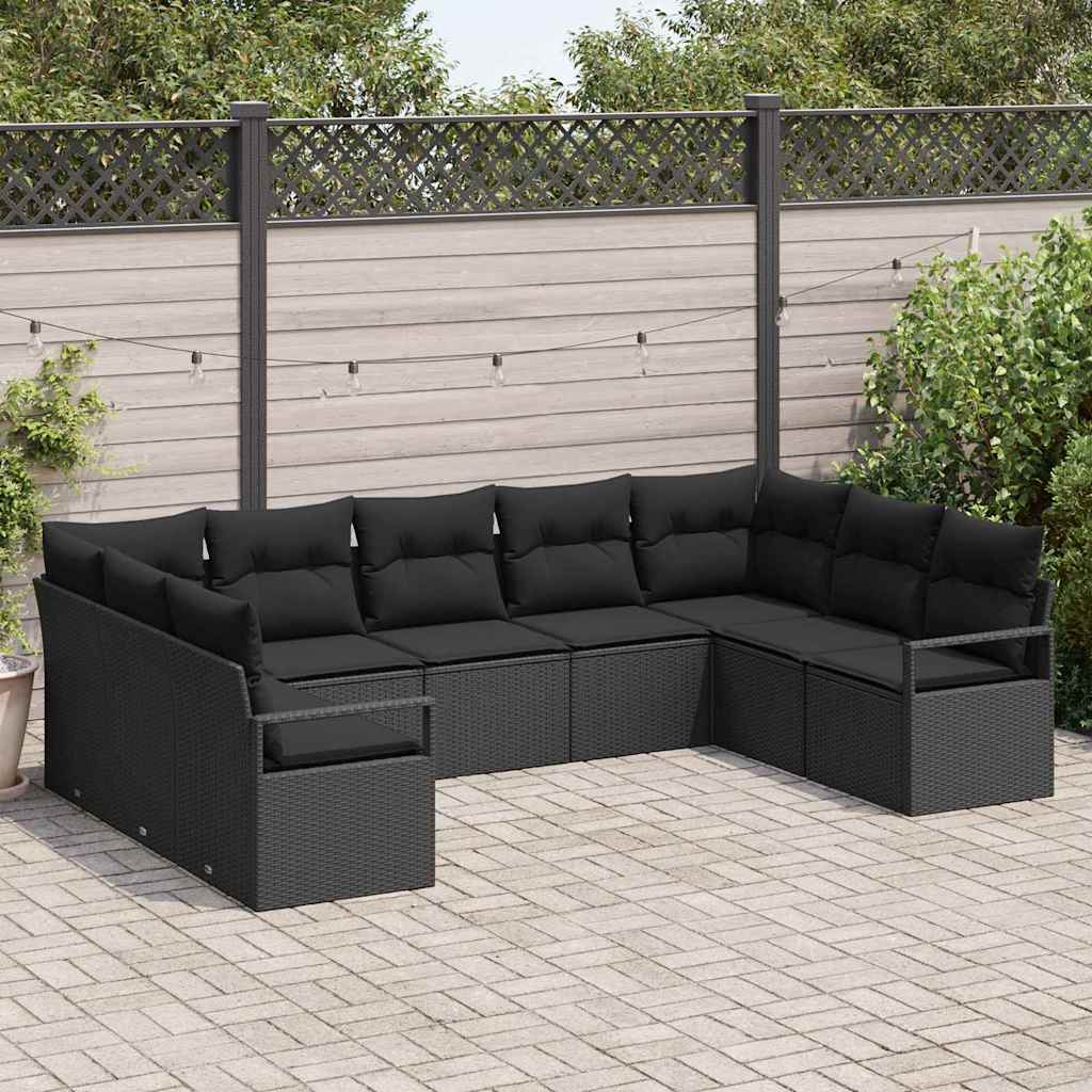 Sofa Set mit Kissen 9 pcs Schwarz Poly Rattan