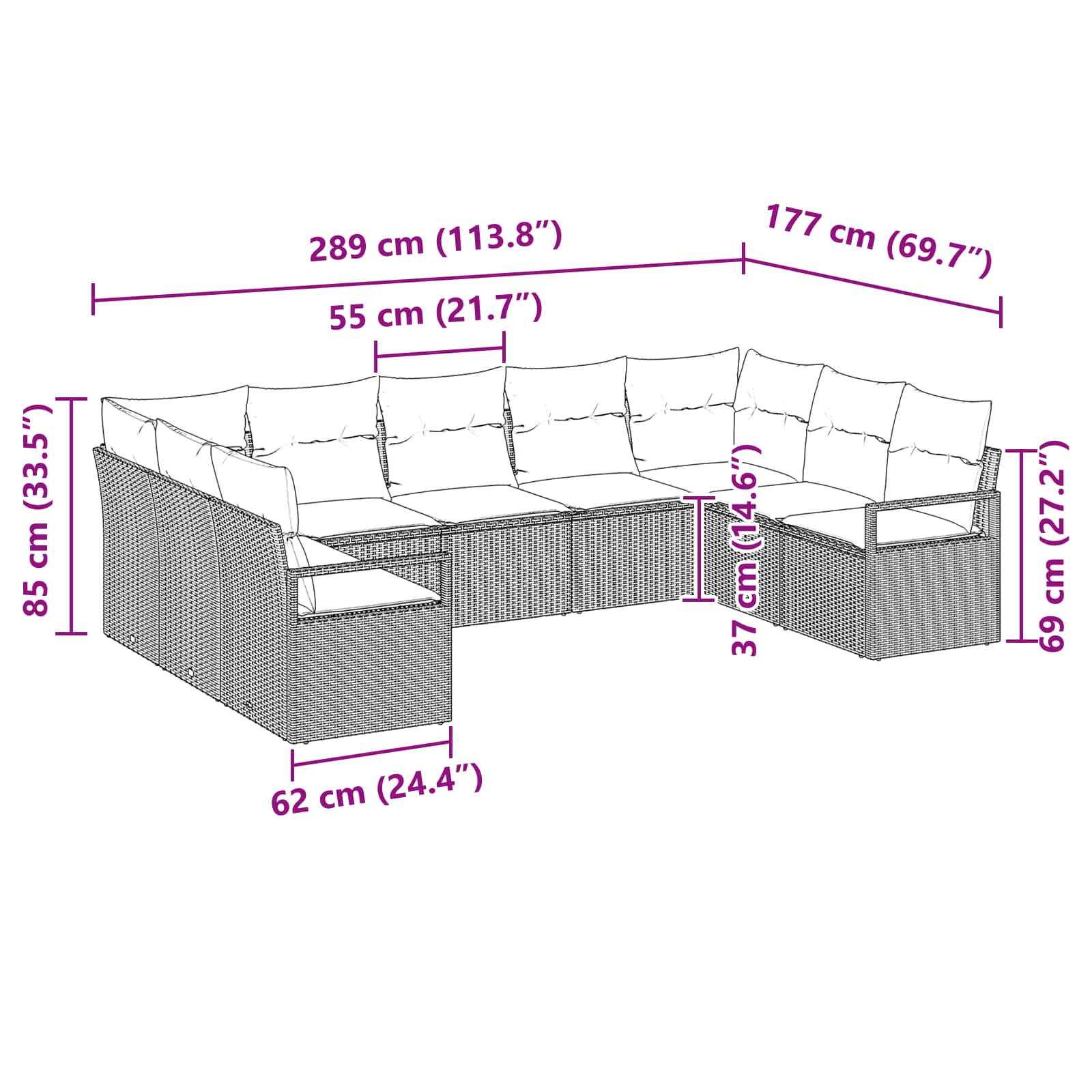Sofa Set mit Kissen 9 pcs Braun Poly-Rattan