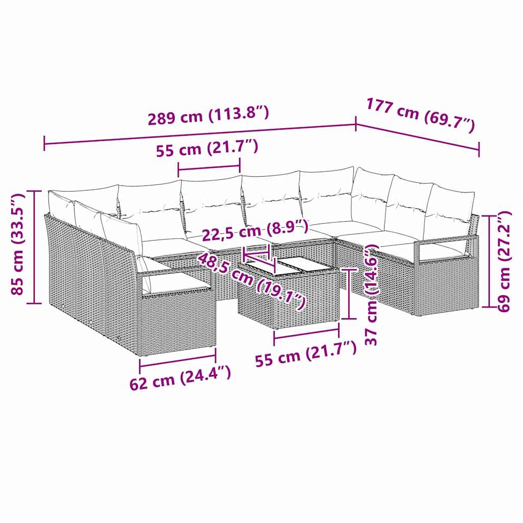 Sofa Set mit Kissen 10 pcs Hellgrau Poly-Rattan