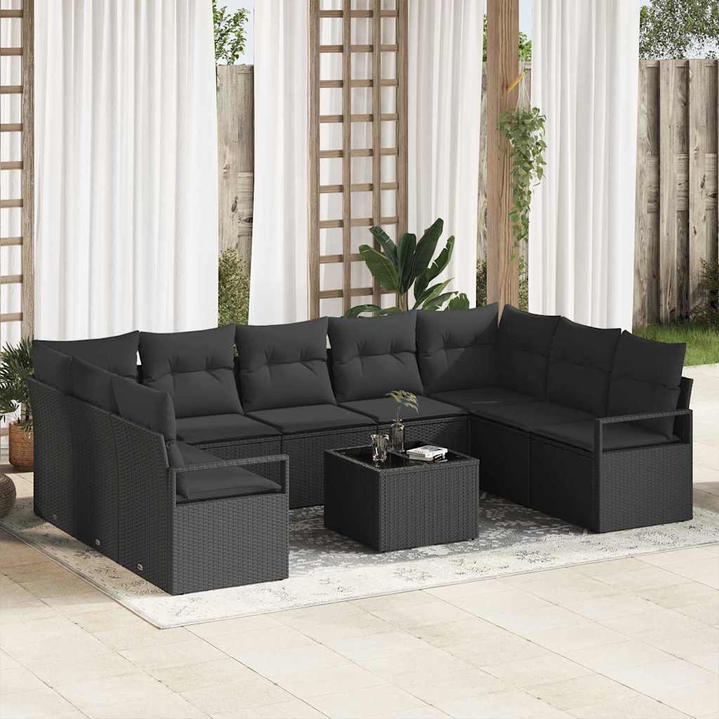 Sofa Set mit Kissen 10 pcs Schwarz Poly-Rattan