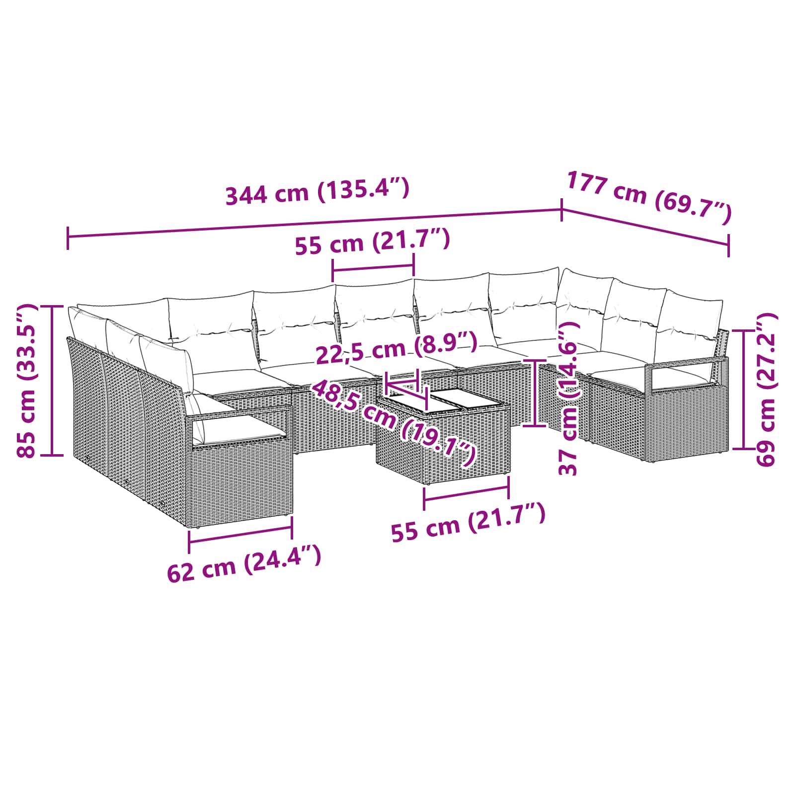Sofa Set mit Kissen 11 pcs Braun Poly Rattan