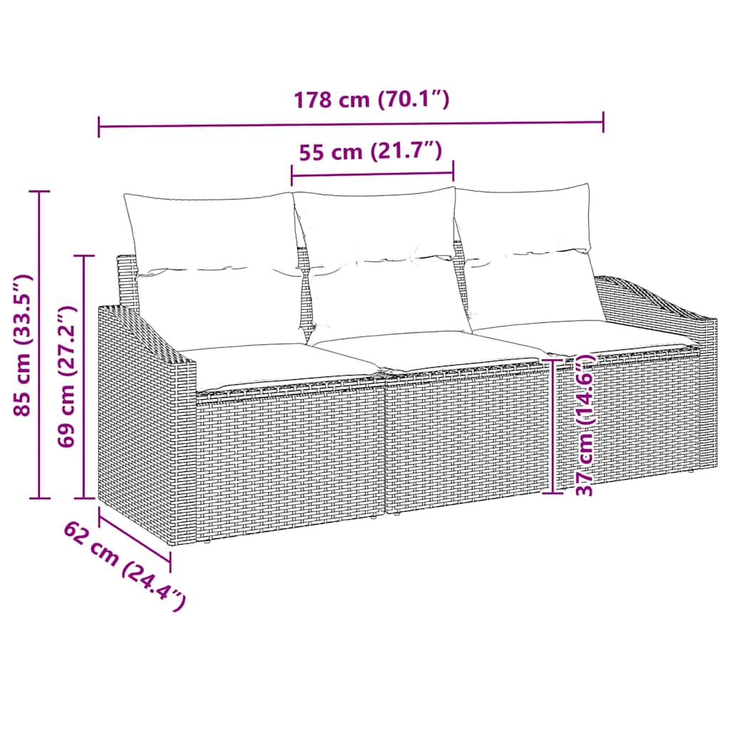 Sofa Set mit Kissen 3 pcs Schwarz Poly Rattan