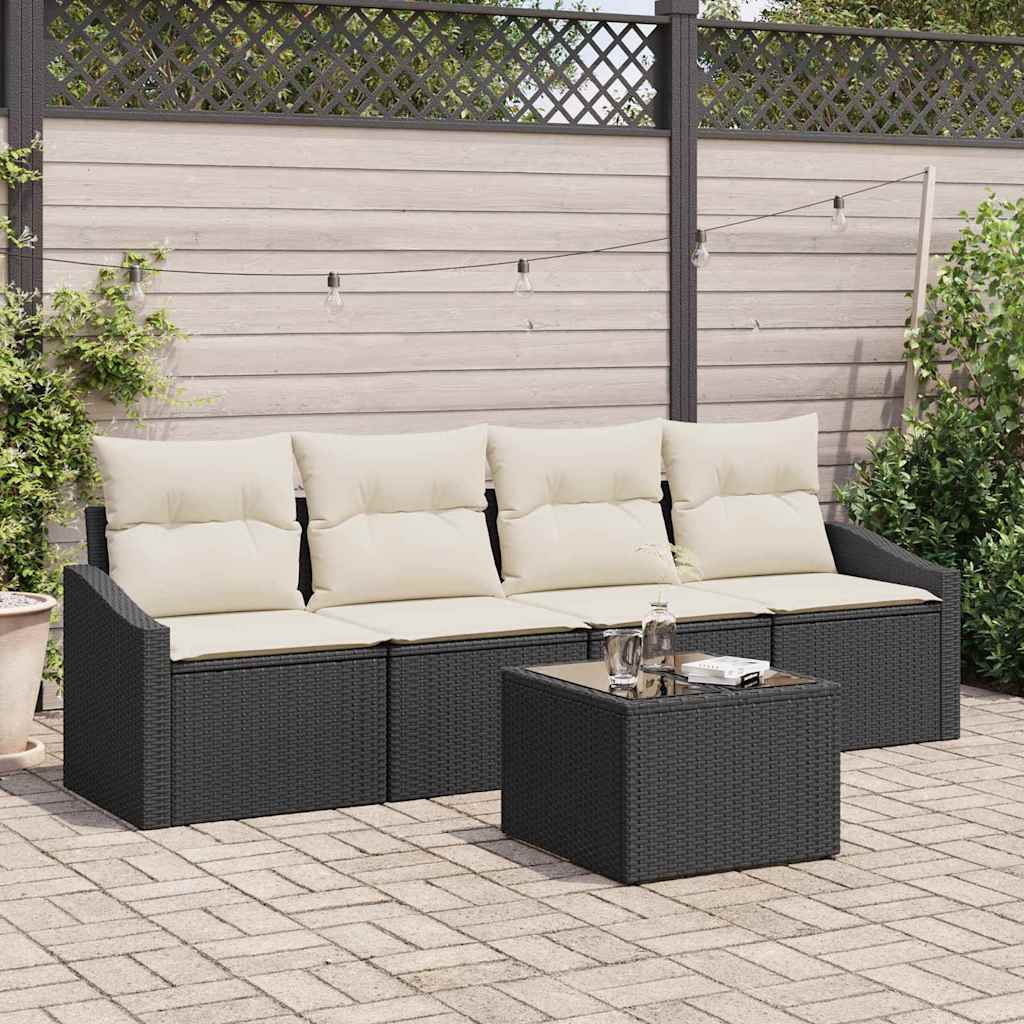 Sofa Set mit Kissen 5 pcs Schwarz und Creme Poly Rattan