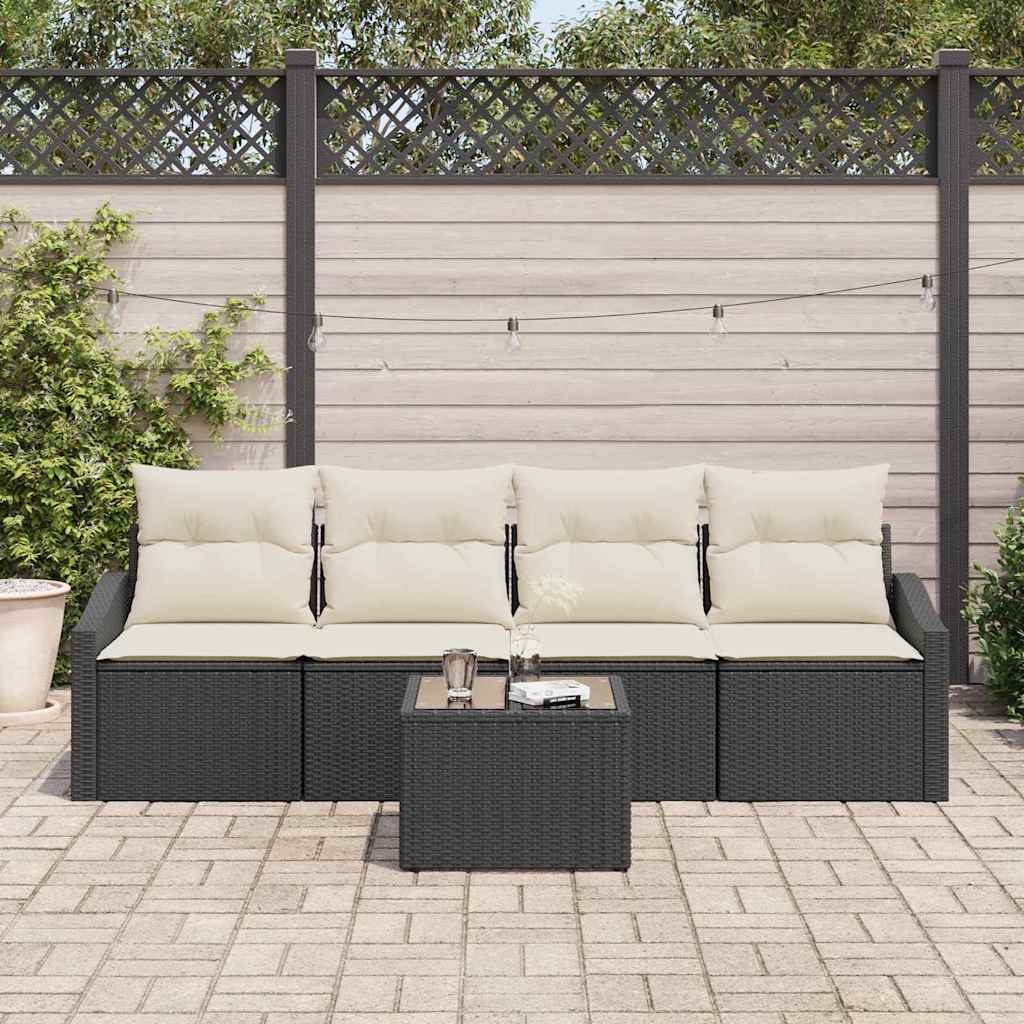 Sofa Set mit Kissen 5 pcs Schwarz und Creme Poly Rattan