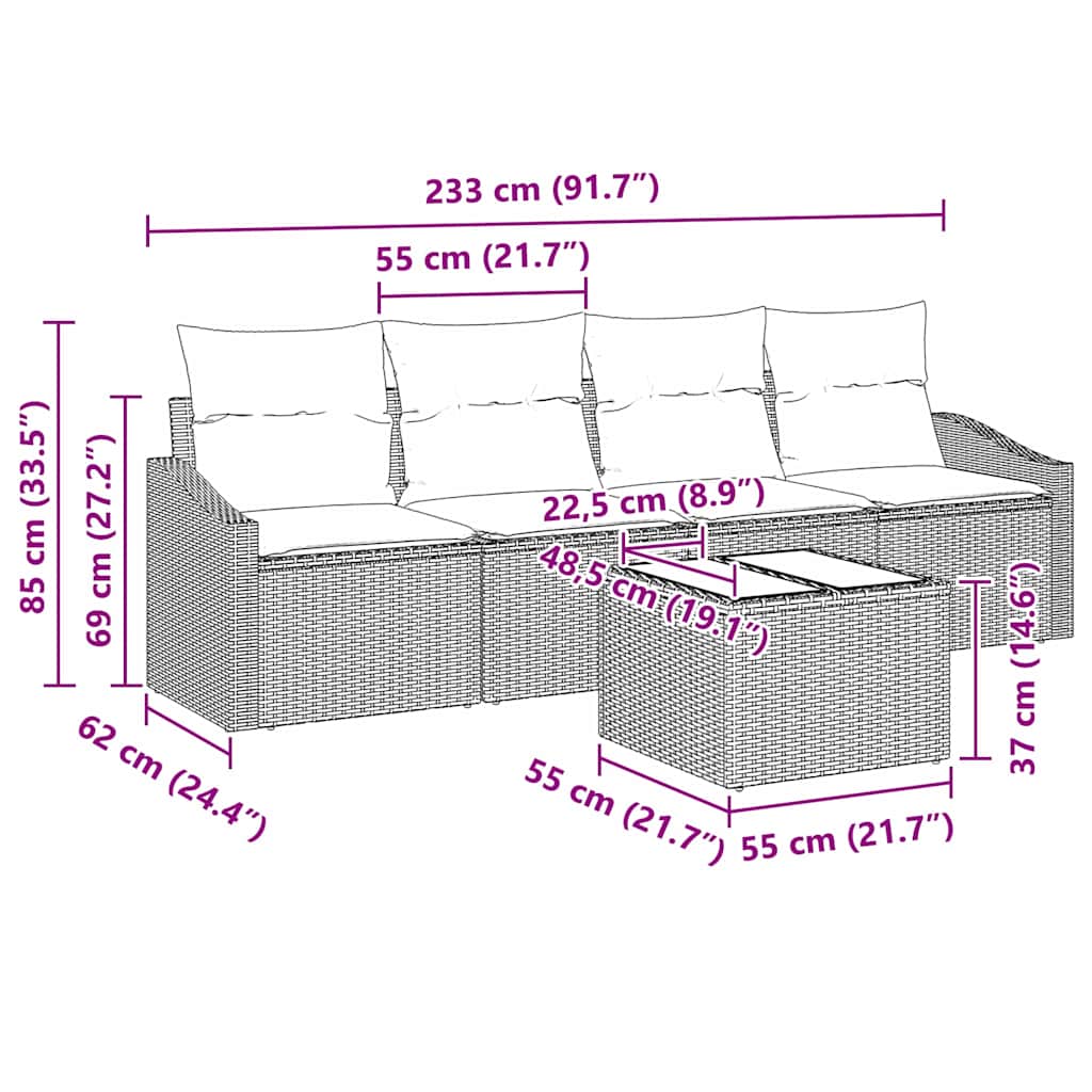 Sofa Set mit Kissen 5 pcs Schwarz und Creme Poly Rattan