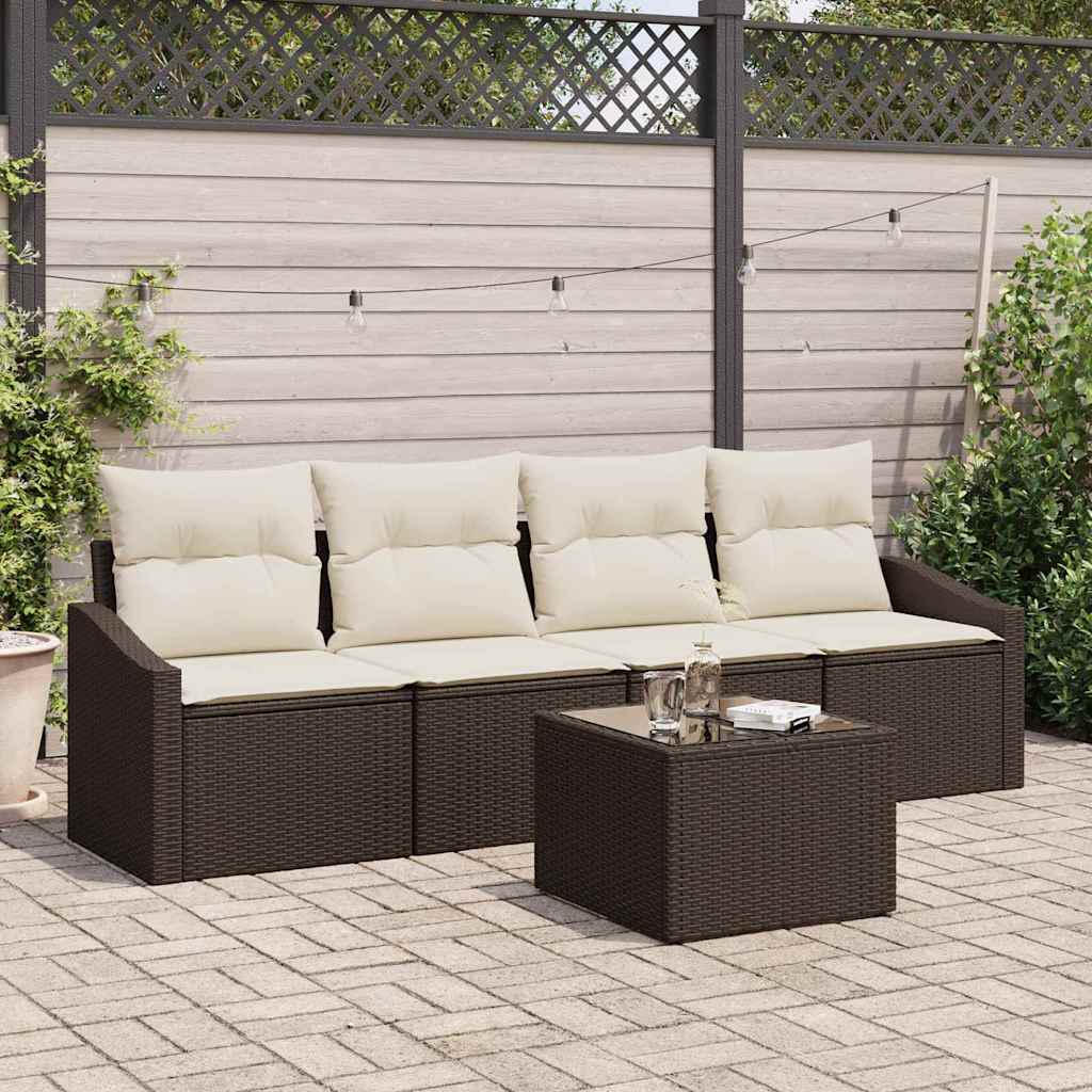 Sofa Set mit Kissen 5 pcs Braun und Creme Poly Rattan