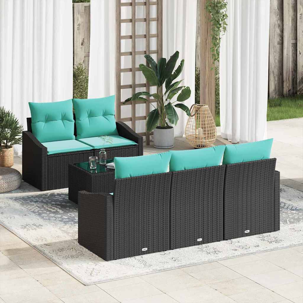 Sofa Set mit Kissen 6 pcs Schwarz und Türkis Poly Rattan