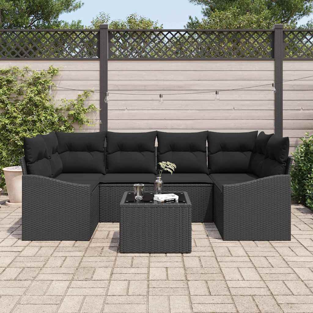 Sofa Set mit Kissen mit Kissen 7 pcs Schwarz Poly-Rattan